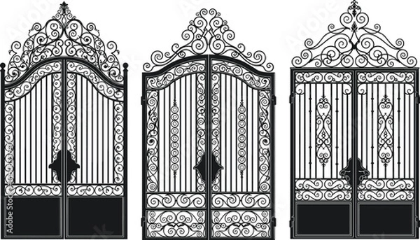 Fototapeta Elegant wrought iron garden gates with intricate scrollwork and vintage design, ornate black vector illustrations of luxury entrance gates.