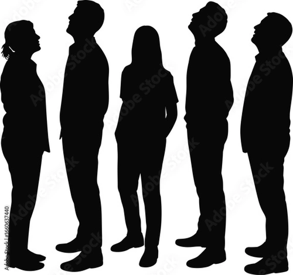 Fototapeta Silhouettes of people looking up, standing group vector, upward gaze, black shadow figures, curiosity pose, human silhouette illustration