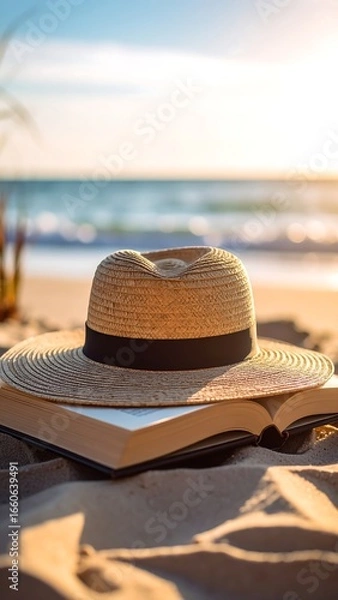Obraz Straw hat atop open book on sandy beach at sunset