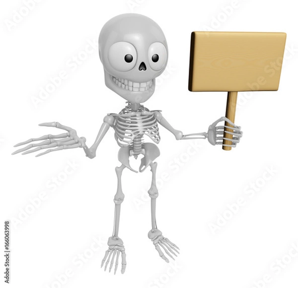 Obraz 3D Skeleton Mascot the right hand guides and the left hands are holding a picket. 3D Skull Character Design Series.