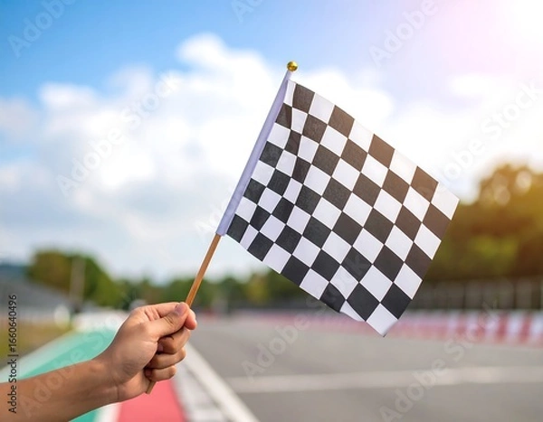 Obraz Hand holds checkered flag at racetrack finish line