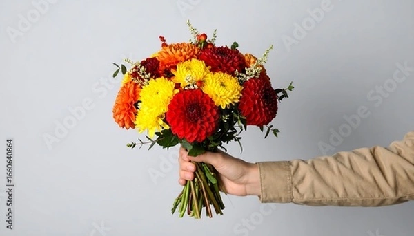 Obraz Hand holding a bouquet of red, yellow, and orange dahlias and other fall flowers against a gray background