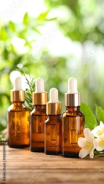 Obraz Four amber glass bottles with droppers, filled with oil, sit on a wooden surface, next to greenery and white flowers, against a blurred green background