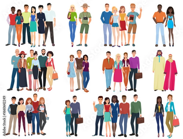 Fototapeta People groups and couples collection. Diverse cartoon humans in office and casual outfits clothes, young students isolated vector illustration