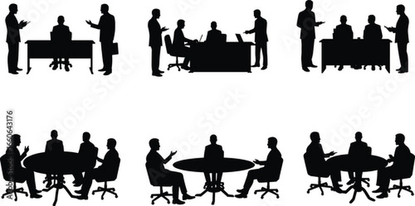 Fototapeta Business meeting silhouette vector, office teamwork discussion, professional collaboration, people talking at desk, roundtable conference, group workplace communication