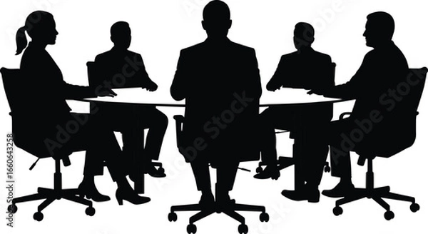 Fototapeta Business meeting vector illustration, corporate team at table, group discussion, office collaboration, professional silhouettes, teamwork concept, communication scene