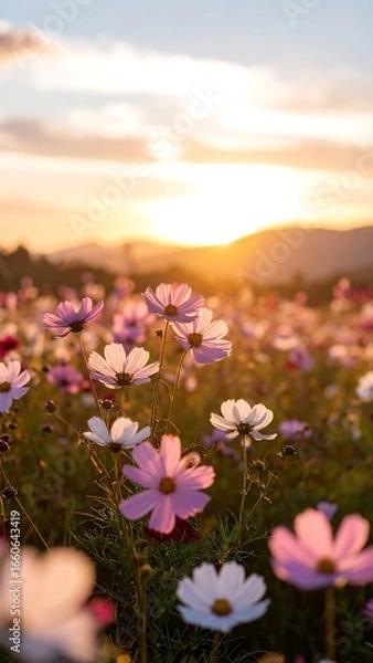 Obraz Sunset illuminates a field of cosmos flowers