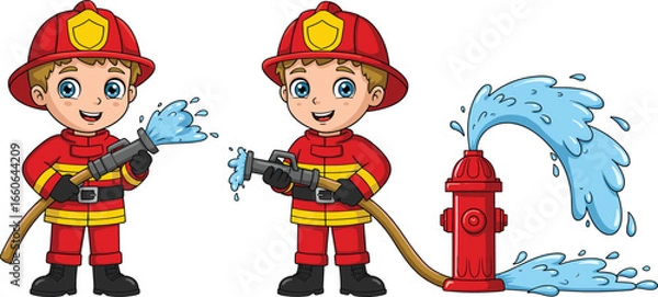 Fototapeta Cartoon firefighter boy with water hose and hydrant – fun fire safety character illustration for kids, books, and educational materials