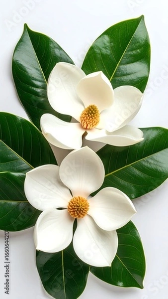 Obraz Two magnolia blossoms with large leaves