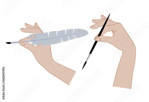 Fototapeta Two female hands are holding a feather pen and a thin brush. Vector illustration in linear and flat style