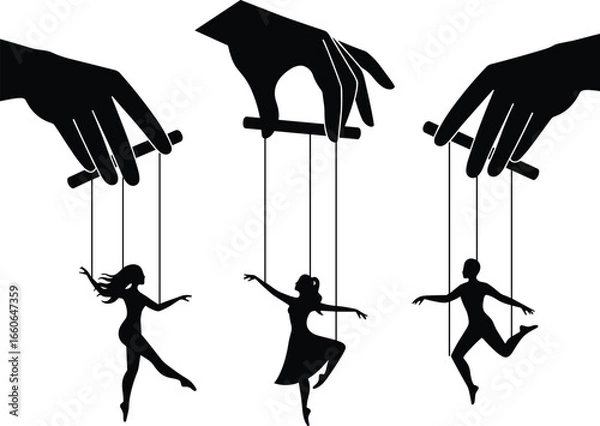 Fototapeta Puppet master silhouette illustration, controlling human marionettes with strings, symbolizing manipulation, control, power, dominance, concept art vector graphic