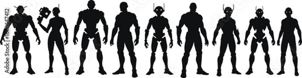 Fototapeta Robot character silhouette vector set, futuristic android warrior poses, cyberpunk sci-fi design, black mechanical figure illustration for tech themes