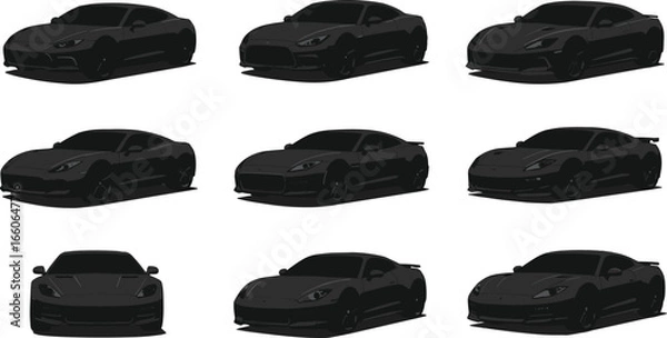 Fototapeta Silhouette collection of sports cars in black vector illustration, modern vehicle front and side view, high performance automotive design art
