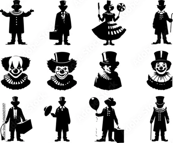 Fototapeta Vector sketch illustration collection of silhouette sketches of cute, cheerful, funny clown designs with creepy-faced event entertainers