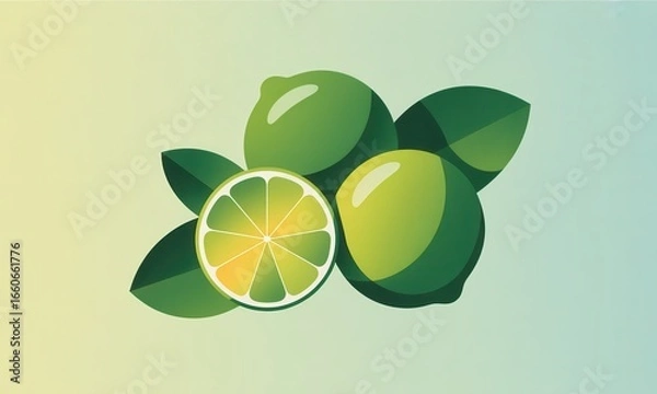 Fototapeta A stylized illustration of three whole limes and a lime wedge, surrounded by vibrant green leaves, set against a soft, pastel background.  The limes are depicted in a smooth, gradient-shaded style