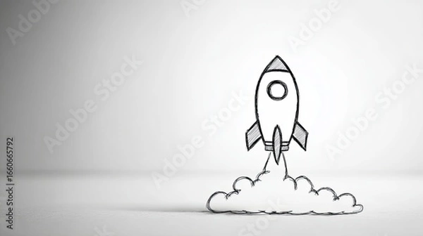 Fototapeta Simple Black And White Sketch Of A Rocket Launching, Symbolizing A New Business Venture, Startup Launch, Innovation, And Progress Towards Future