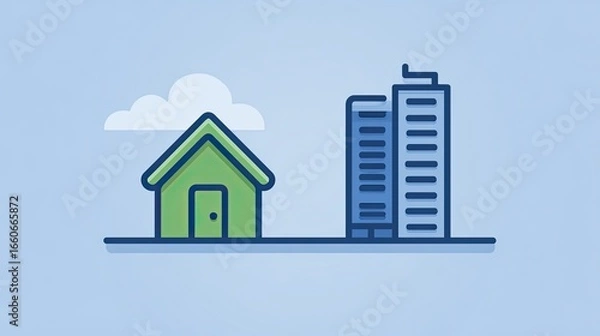 Fototapeta Simple Illustration Of A Small Green House And A Tall Blue Building Against A Light Blue Sky A Minimalist Vector Design Representing Urban And