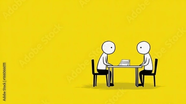Fototapeta Simple Minimalist Illustration of a Business Meeting Two Figures Sitting at a Table on a Yellow Background. A Simple Graphic Design Depicting a Deal