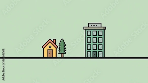 Fototapeta Simple Minimalist Illustration Of A Small House And A Tall Building Next To A Small Tree On A Green Background, A Clean And Simple Vector Graphic