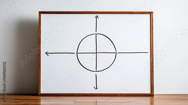 Fototapeta Simple Target Diagram On A Whiteboard With Wooden Frame Minimalist Graphic Chart Illustration For Business Planning And Strategy, Clean Lines, White