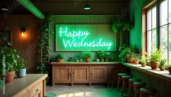 Obraz Happy Wednesday neon sign in green, kitchen, bright interior
