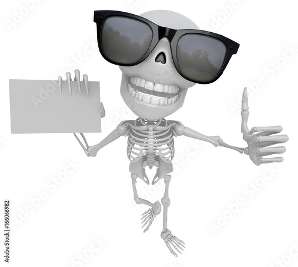 Fototapeta Wear sunglasses 3D Skeleton Mascot the left hand best gesture and right hand is holding a business cards. 3D Skull Character Design Series.