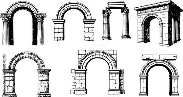 Obraz Set of sketched silhouettes of antique arches. Basic elements of Greek architecture.