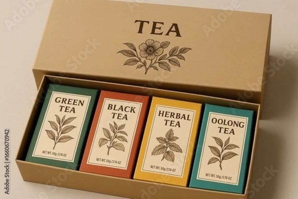 Fototapeta Elegant tea collection featuring green, black, herbal, and oolong varieties packaged in coordinated gift box for discerning tea enthusiasts