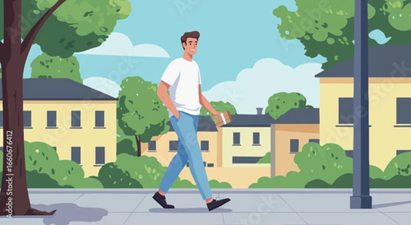 Fototapeta Man walking on urban sidewalk with trees and residential buildings vector illustration 