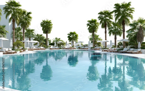 Fototapeta  3D render of a luxury hotel pool with palm trees and sun loungers, transparent background, PNG format, high resolution