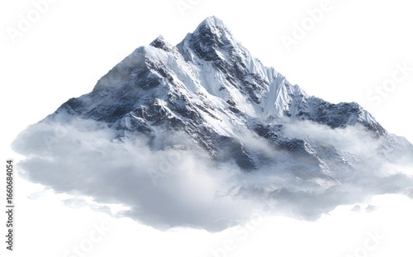 Fototapeta A snow-covered mountain peak emerging from clouds, isolated on a transparent background. PNG file. 