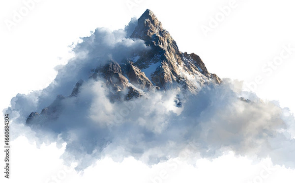 Fototapeta  A snow-covered mountain peak emerging from clouds, isolated on a transparent background.