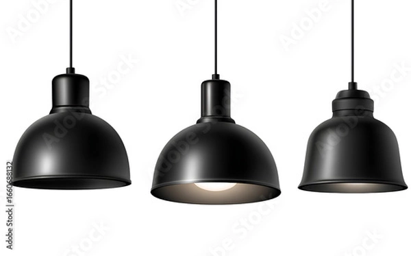 Fototapeta Black hanging pendant light with three black shades, isolated on a transparent background in PNG format (2)