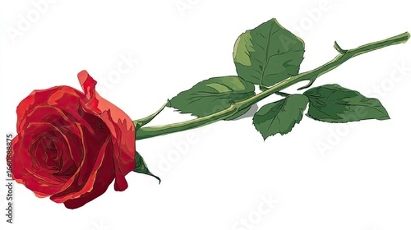 Fototapeta Single Red Rose With Green Leaves On White Background A Detailed Close Up Of A Classic Flower, Botanical Illustration, Romantic Symbol Of Love And