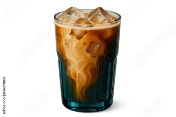 Fototapeta Iced coffee swirling with milk and ice, blending creamy textures in transparent glass against light background