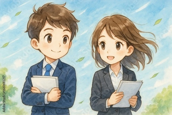 Fototapeta 青空の下で資料を持つ会社員男女