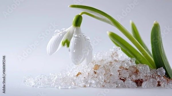 Fototapeta Delicate White Flower Emerging From Melting Snow Close Up Macro Photography Of Spring Nature Scene