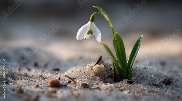 Fototapeta Delicate White Flower Emerging From Sandy Ground In Soft Morning Light, Close Up View