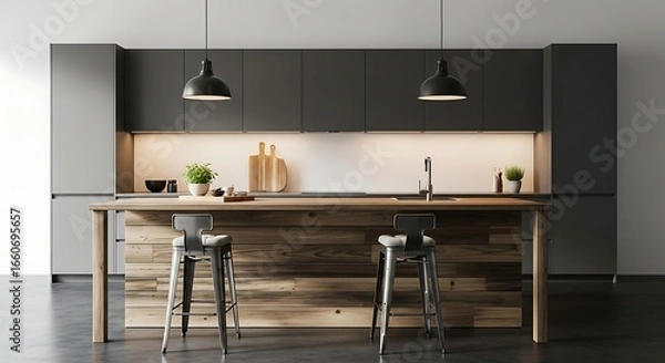 Fototapeta Sleek Dark Kitchen with a Rustic Reclaimed Wood Island and Symmetrical Pendant Lighting.
