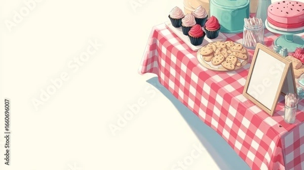 Fototapeta Delightful Array Of Cakes Cookies And Cupcakes On A Red And White Checkered Tablecloth Against A White Background A Charming Pixel Art Illustration