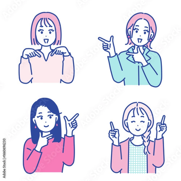 Obraz 色々な方向を指差す若い女性のイラスト素材