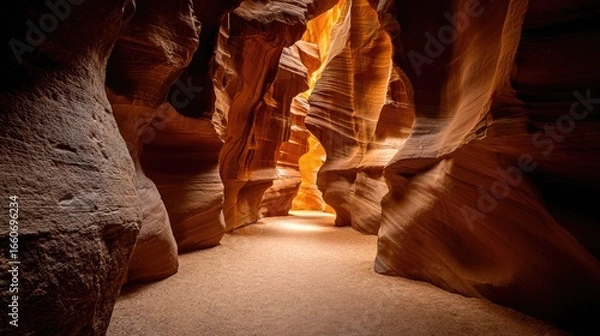 Fototapeta Desert Canyon Landscape  Warm Hues, Rock Formations, Sunlight Path, Natural Wonder, Scenic View, Geological Texture, Unique Exploration
