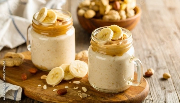 Obraz Two peanut butter banana smoothies in mason jars, garnished with banana slices and peanuts.