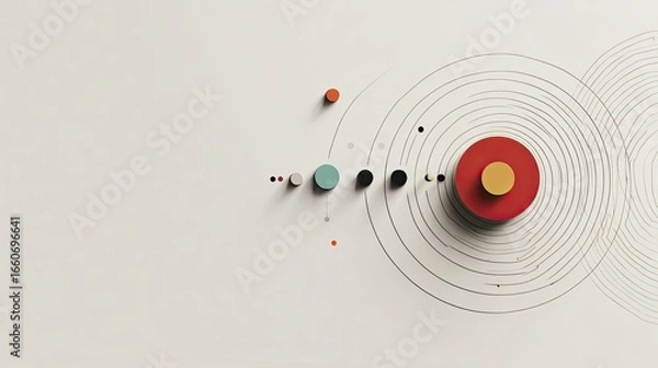 Fototapeta Detailed 3 D Model Of Solar System Planets On White Background Minimalist Geometric Design With Colorful Circles, Lines And Dots