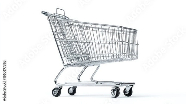 Fototapeta Detailed 3D Model Of A Silver Wireframe Shopping Cart On White Background A Minimalist Digital Illustration For E commerce And Retail