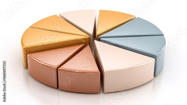 Fototapeta Detailed 3D Pie Chart Data Visualization Beige Brown Gold Gray Sectors On A White Background, Illustrating Business Finance Statistics And Data