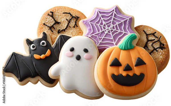 Fototapeta  Halloween cookies, witch hat cookies, spider web and bat-shaped gingerbread cookies, isolated on a transparent background 