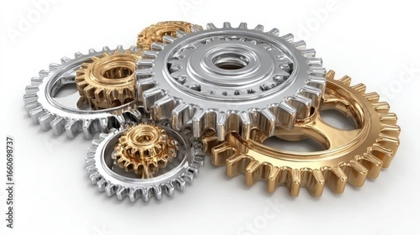 Fototapeta Detailed 3D Render Of Interlocking Gears On White Background Precision Engineering Mechanism, Industrial Technology, Complex Machine Parts, High