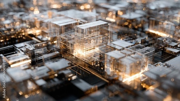 Fototapeta Detailed 3D Rendering Of A Futuristic Circuit Board Featuring Illuminated Glass Cubes And Metallic Components, Highlighting Technological Advancement