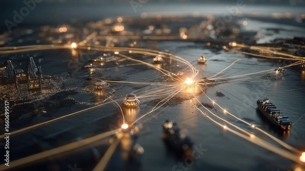 Fototapeta Detailed Aerial View Of A Global Shipping Network At Night, Illuminated Cityscapes And Cargo Ships Connected By Lines, Dark Background, Showing